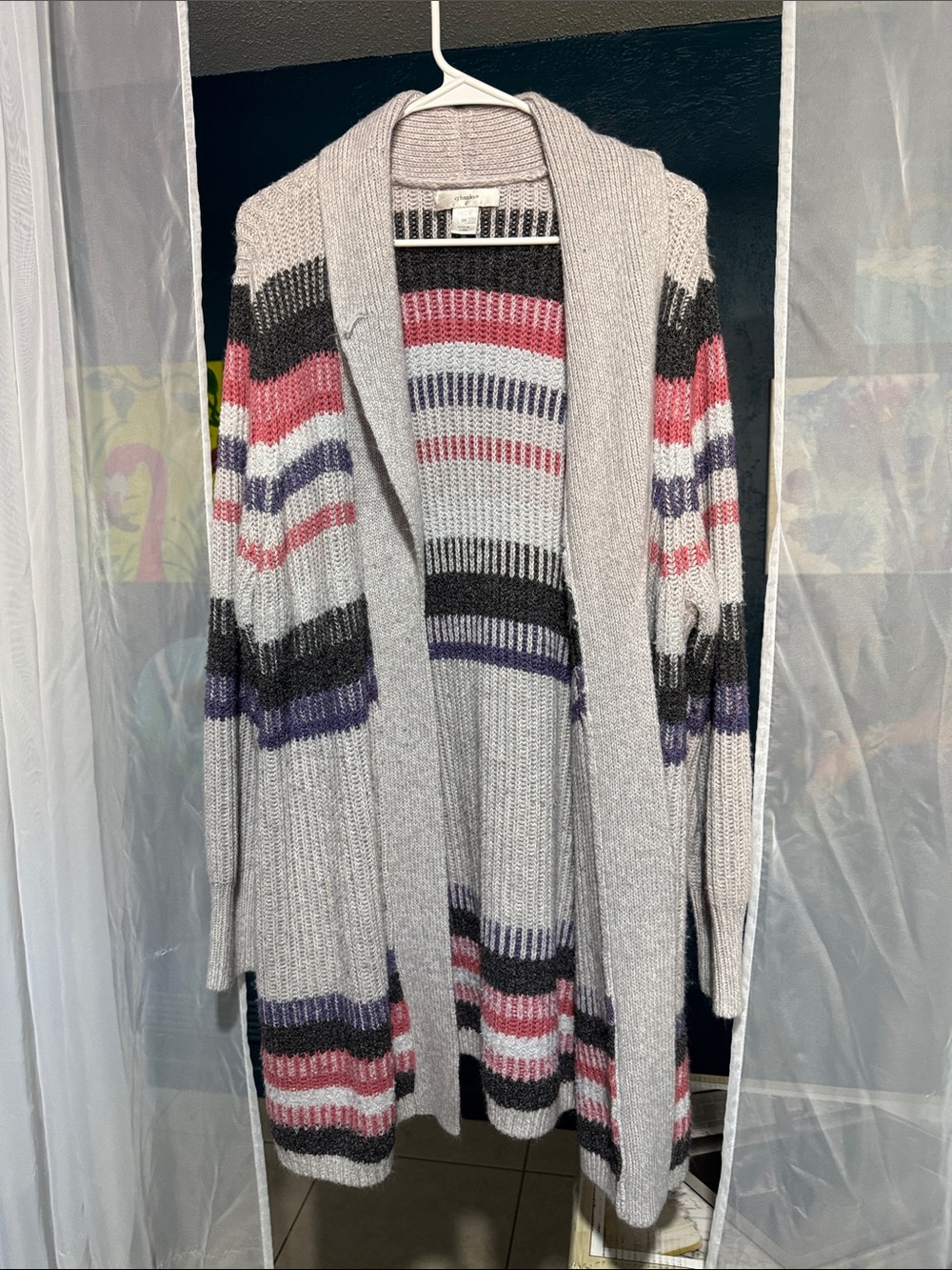 Light Gray Open-Front Striped Cozy Cardigan Sweater